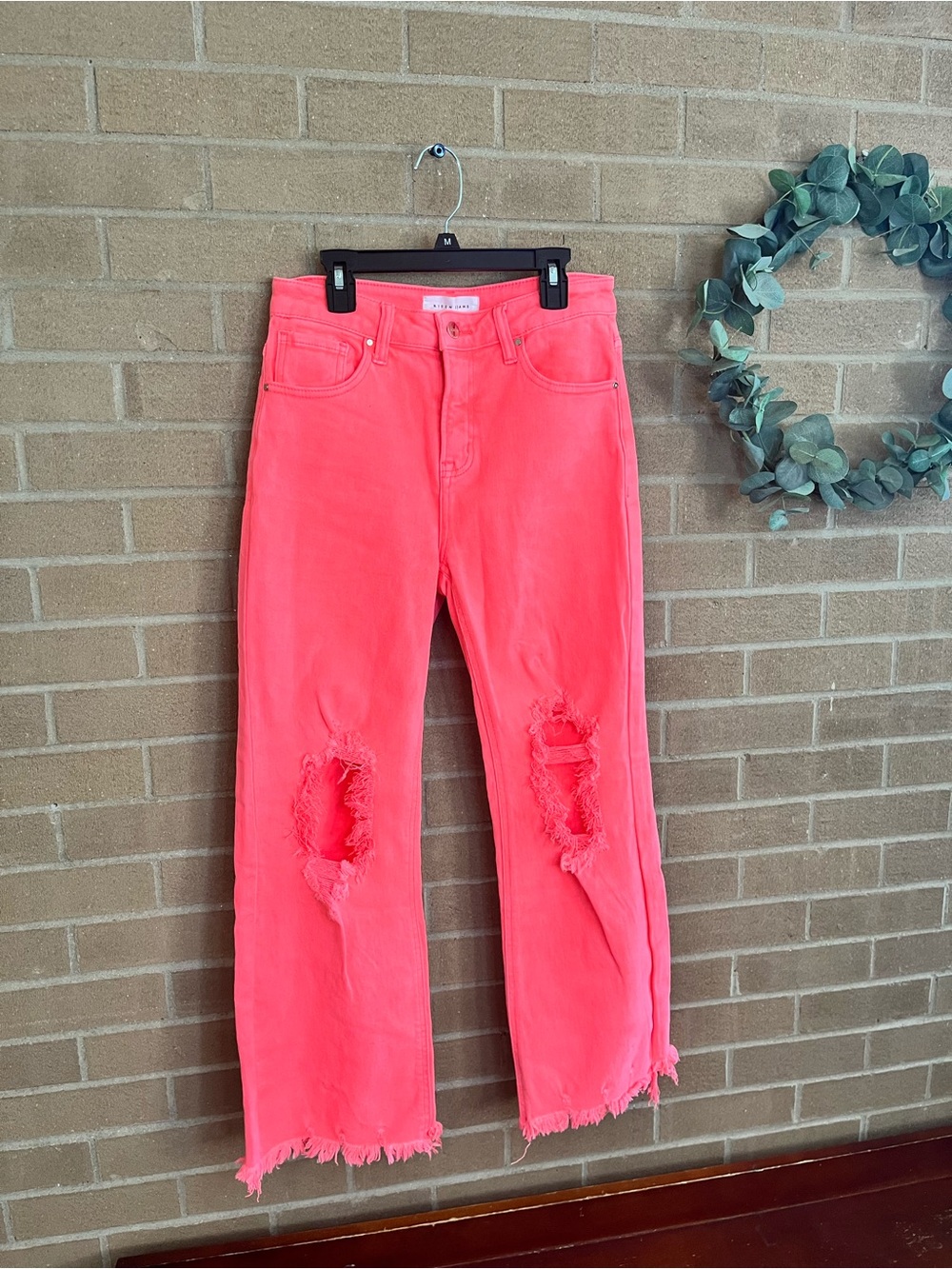 Bright Coral Pink Straight-Leg Distressed Jeans - Picture 3 of 5